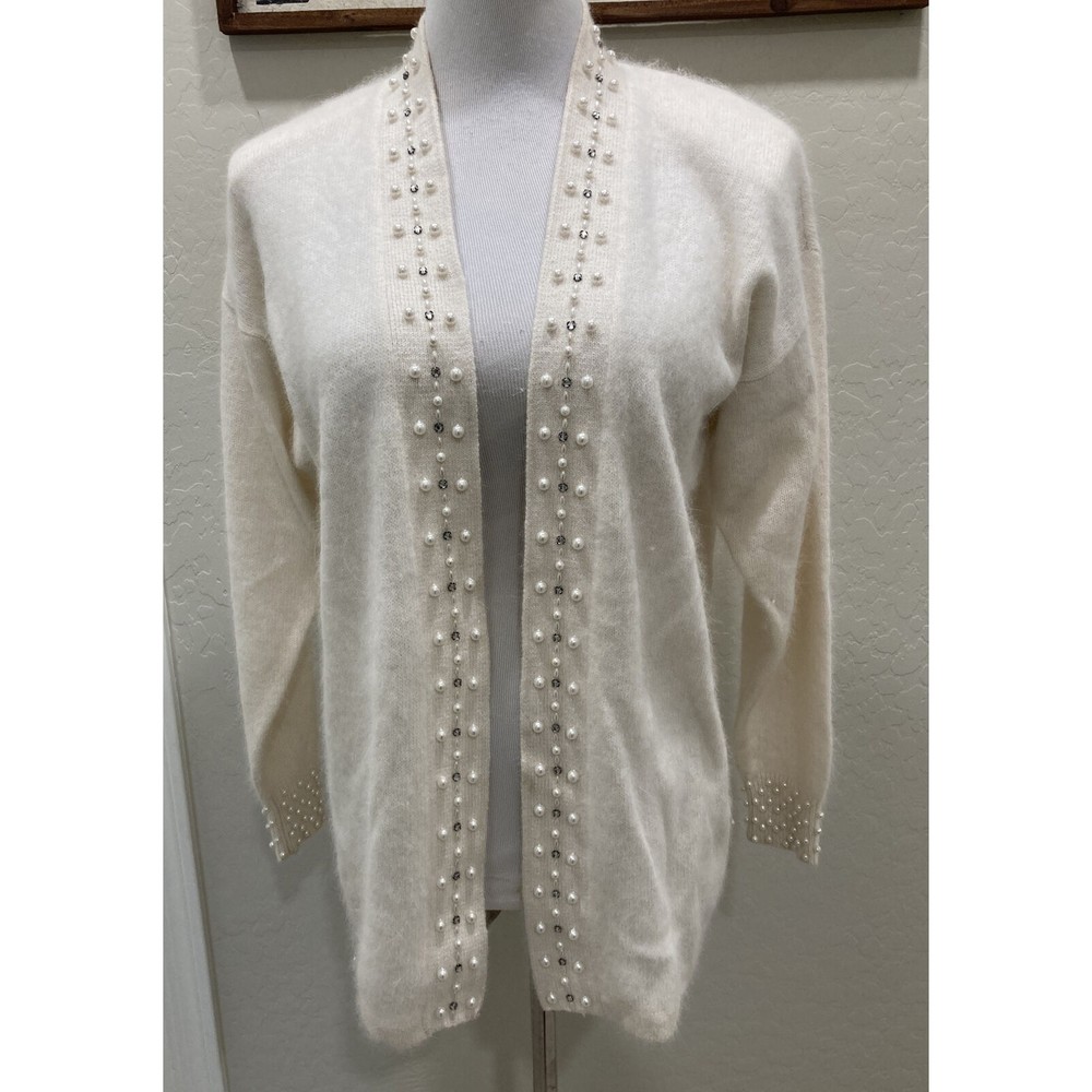 Eugenia by Angenie Winter White Open Cardigan SZ XL 40% Angora Embellished
